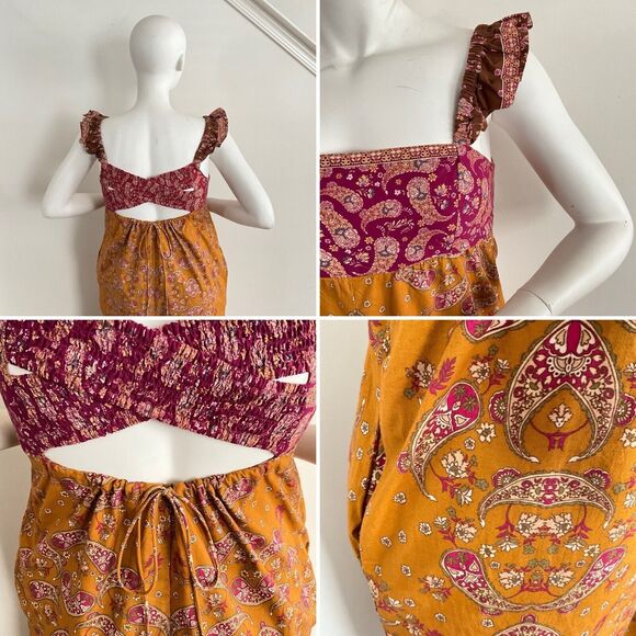 New Free People Bali Albright Boho Paisley Jumpsuit In Gold Combo M - Picture 14 of 16